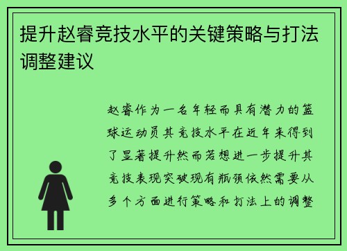 提升赵睿竞技水平的关键策略与打法调整建议